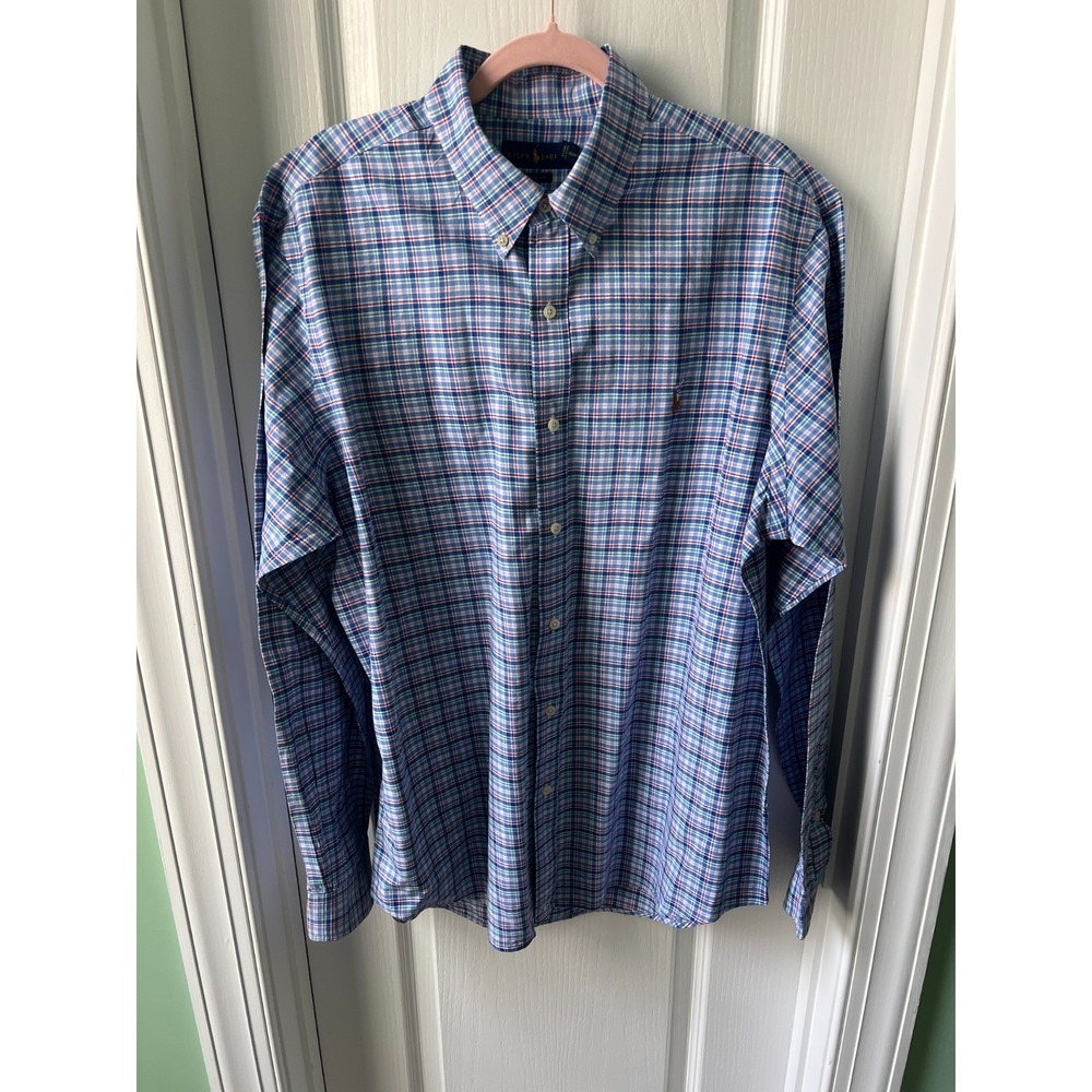 Ralph Lauren Mens Shirt Red White Blue Pink Check Long Sleeve Button Down Sz XL